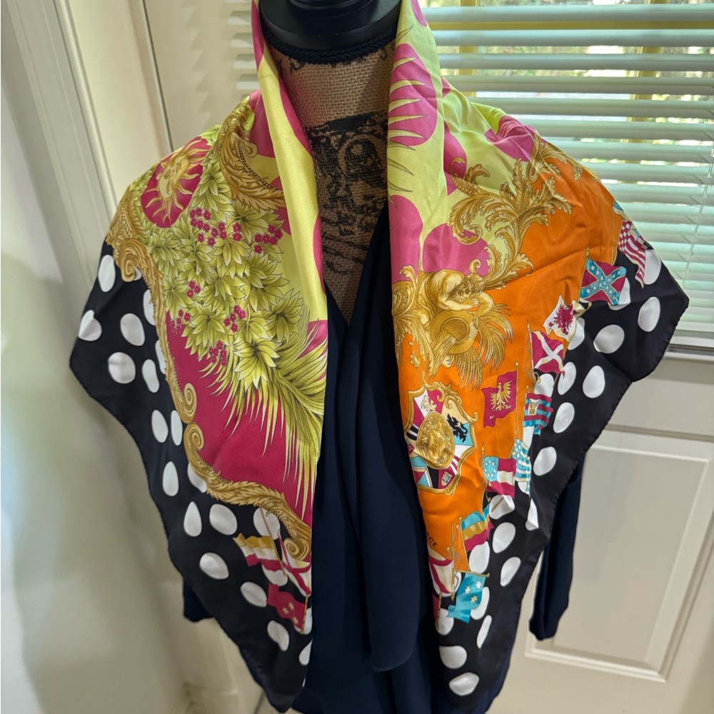 Versace Multicolor Baroque silk Scarf roughly
 34”x34”